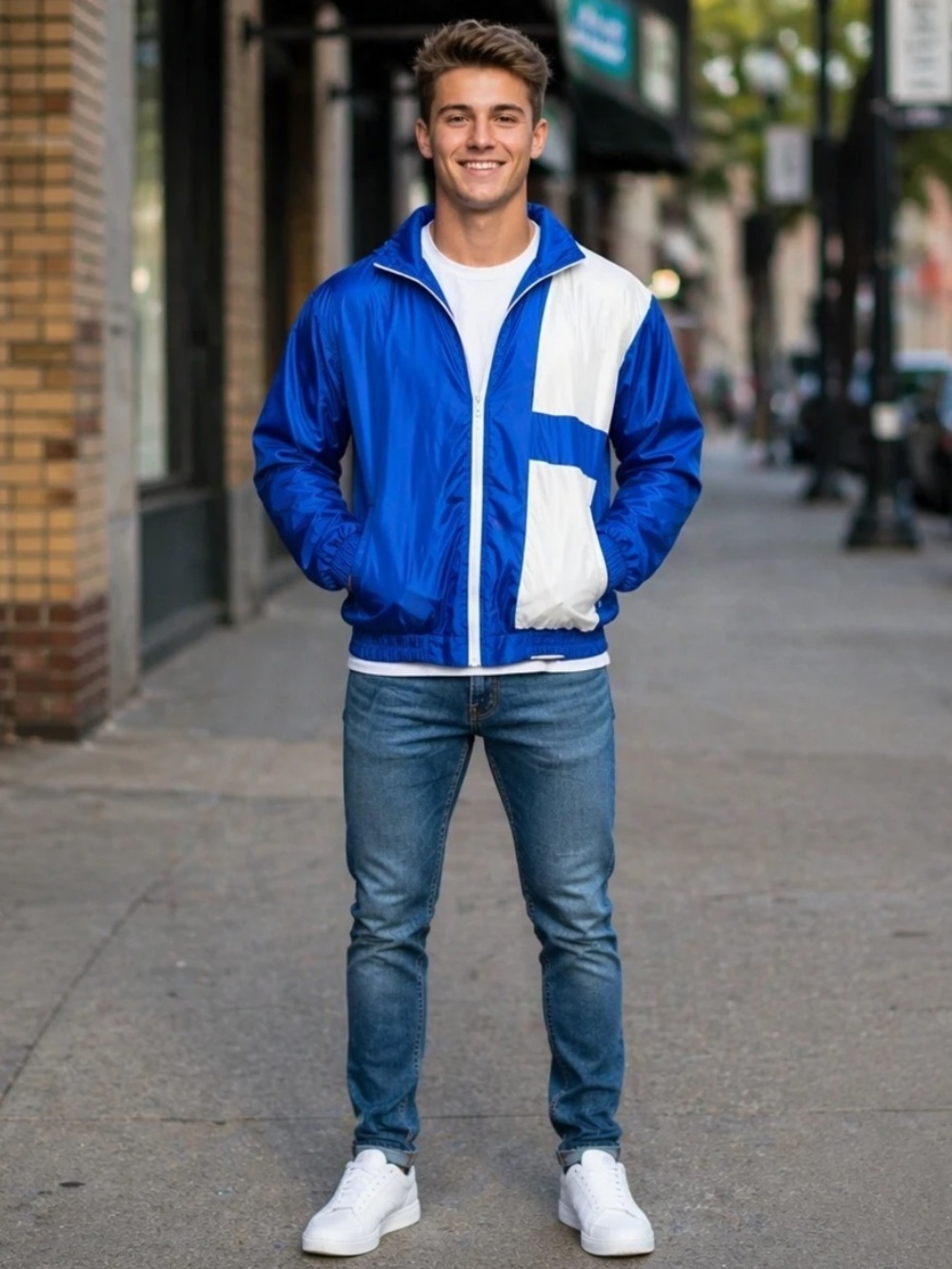 Men's Blue & White Colorblock Windbreaker Jacket or unisex